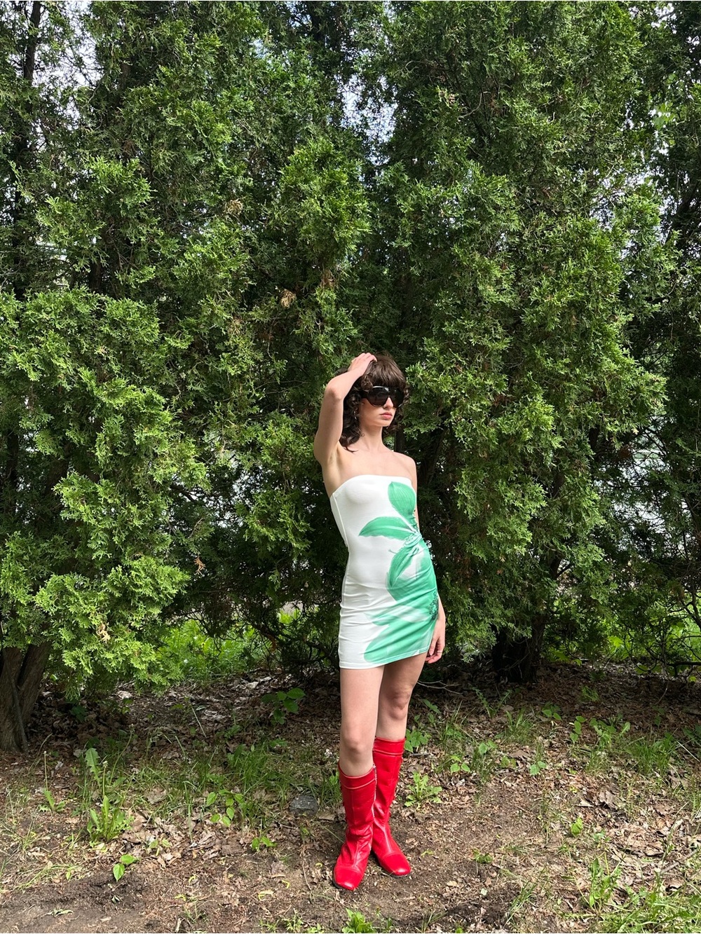 Y2K Strapless White Mini Dress with Green Print